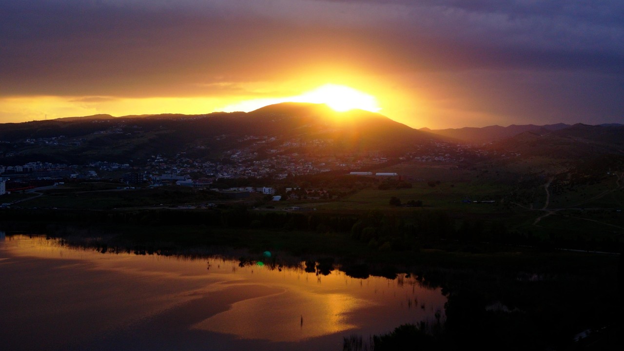 Sunset over Lisi Lake and the hills of Tbilisi, filmed from above